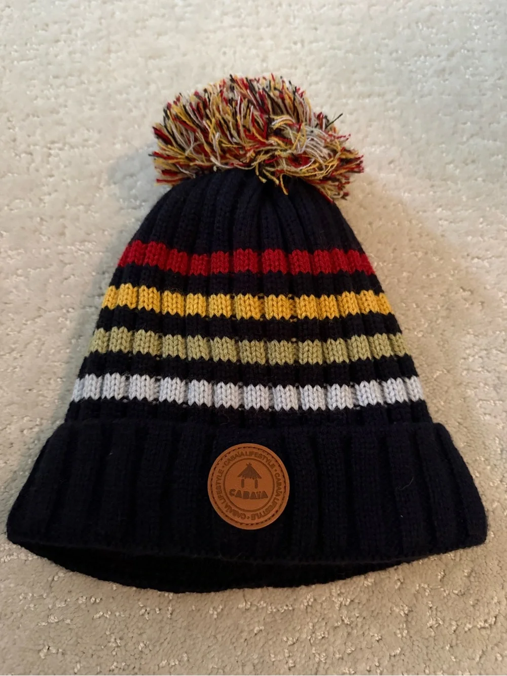 Cabaia Navy Striped Pom Beanie with Extra Pom Poms kids 6-12 Like New